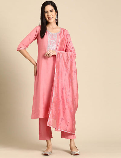 Pink Yoke Design Silk Blend Straight Kurta With Trousers & Dupatta - Libas