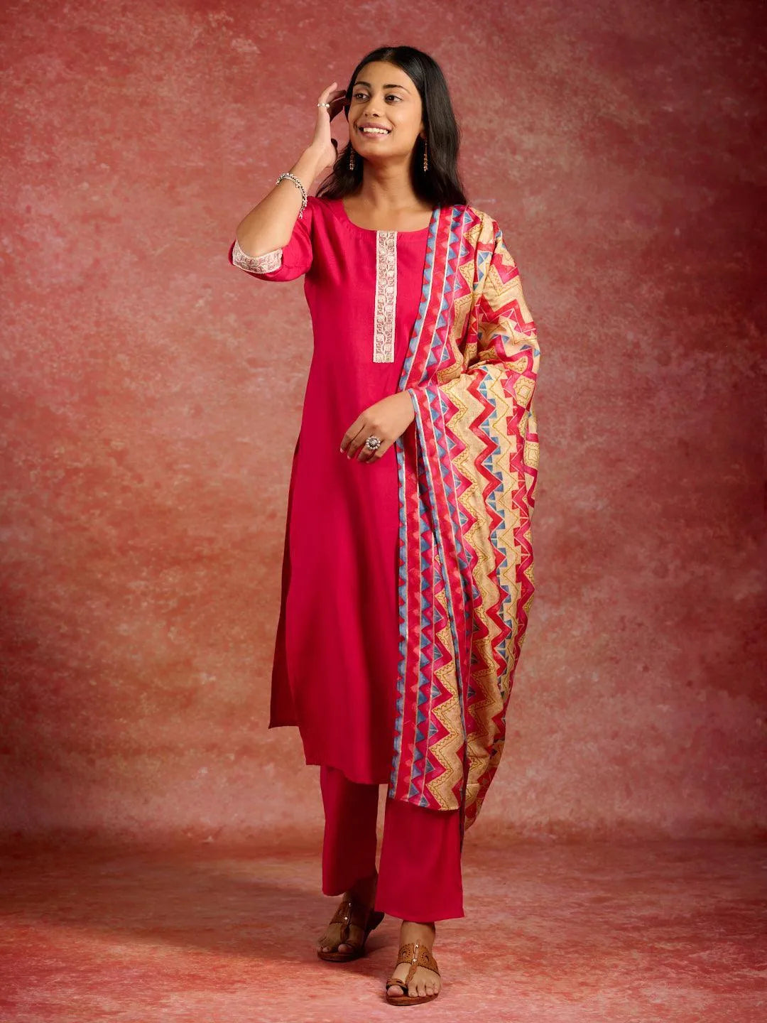 Pink Yoke Design Silk Blend Straight Kurta With Trousers & Dupatta - Libas