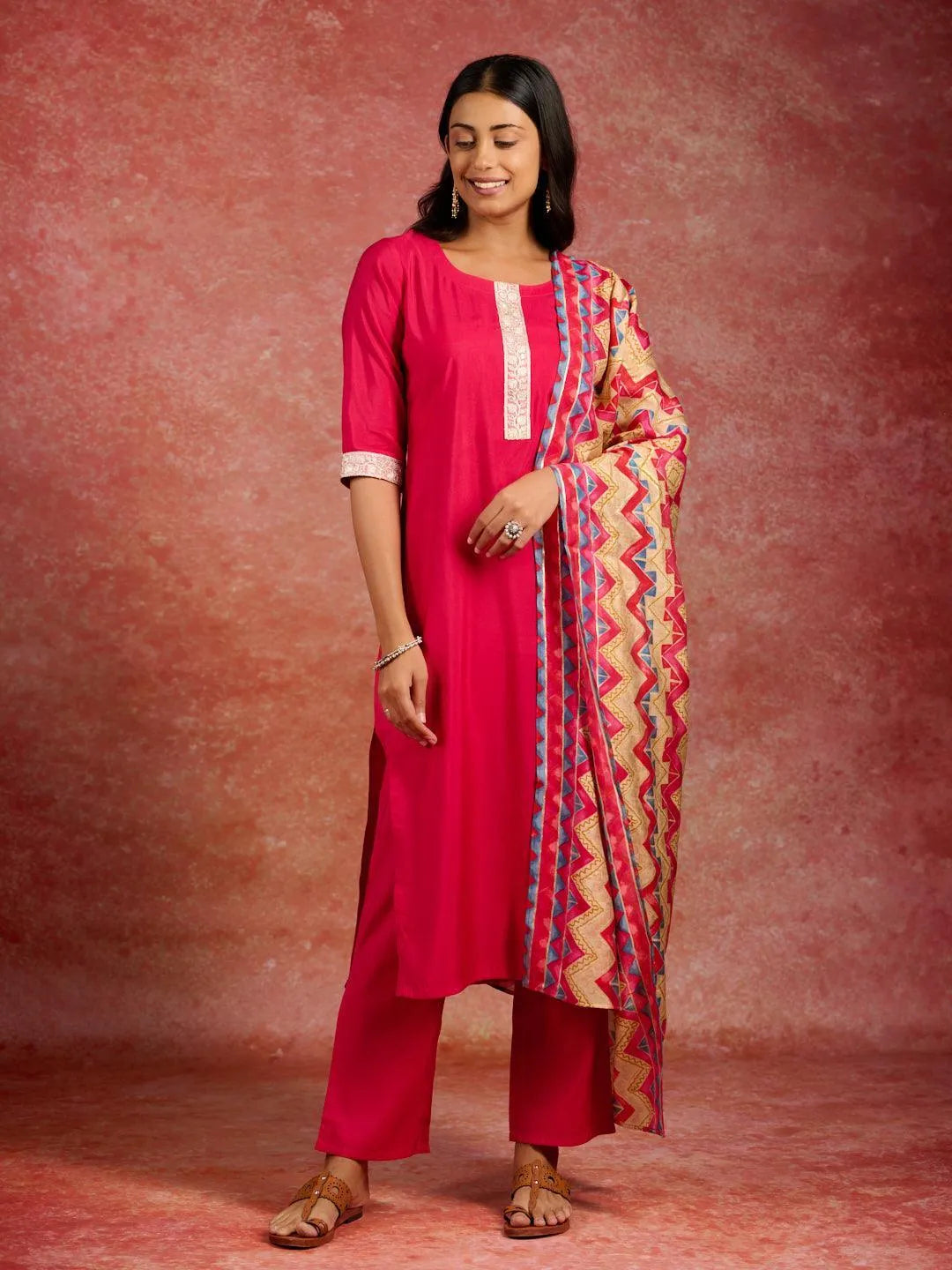 Pink Yoke Design Silk Blend Straight Kurta With Trousers & Dupatta - Libas 