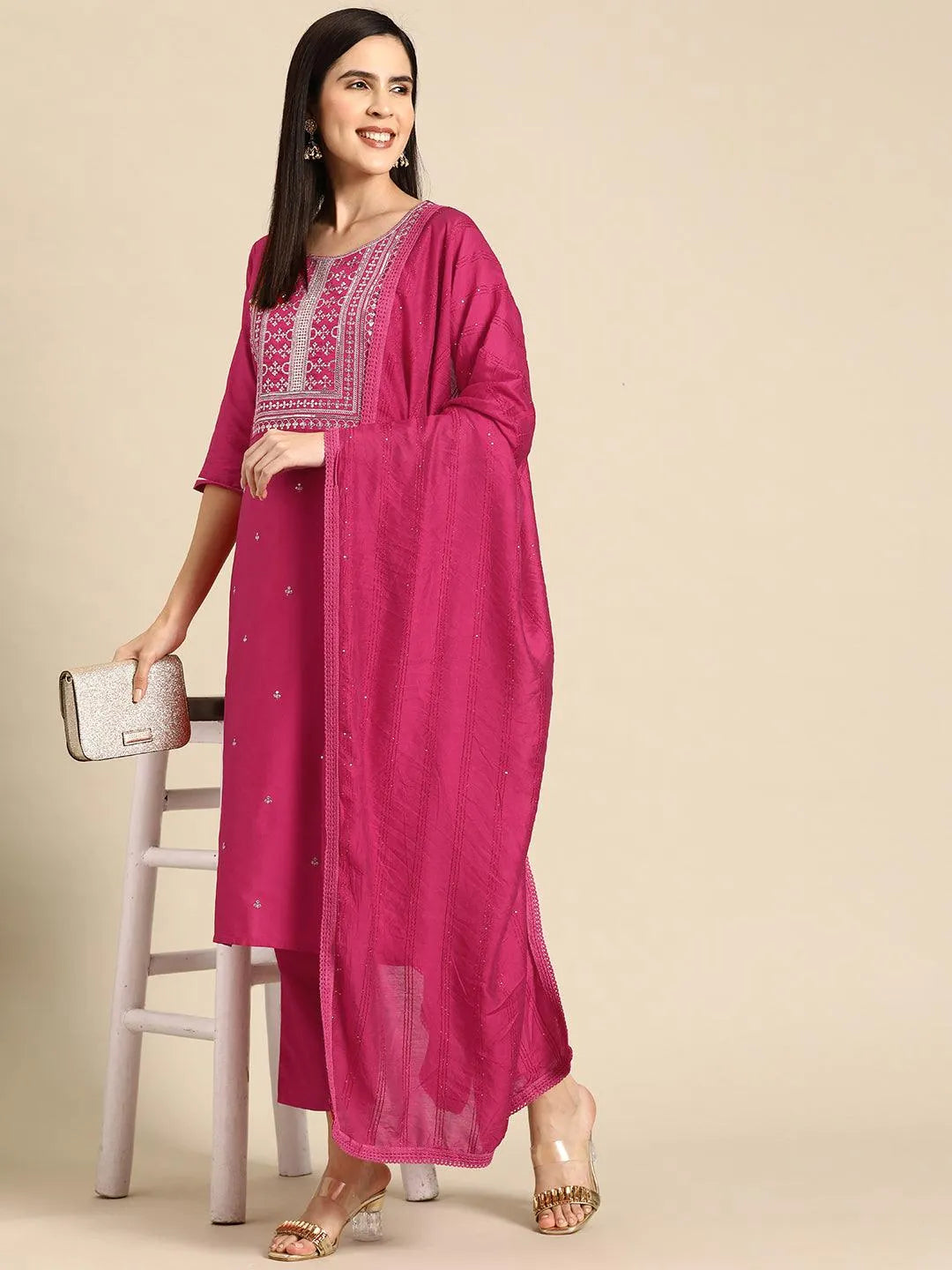 Pink Yoke Design Silk Blend Straight Kurta With Trousers & Dupatta - Libas