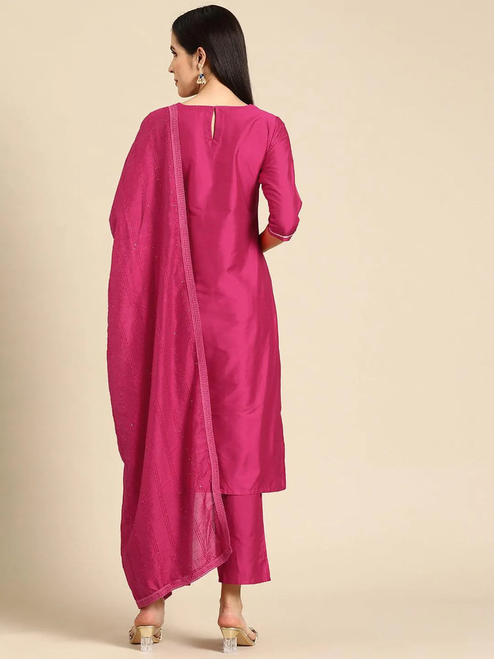 Pink Yoke Design Silk Blend Straight Kurta With Trousers & Dupatta - Libas