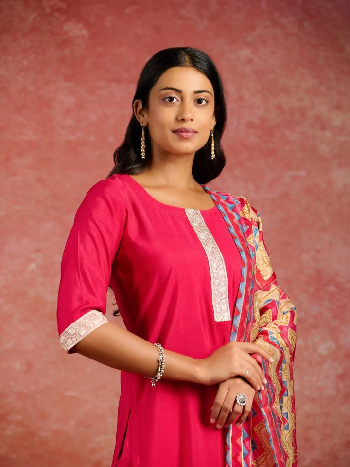 Pink Yoke Design Silk Blend Straight Kurta With Trousers & Dupatta - Libas