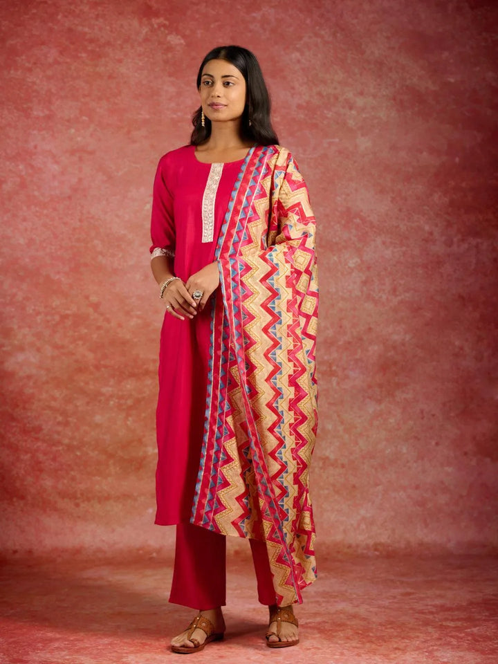 Pink Yoke Design Silk Blend Straight Kurta With Trousers & Dupatta - Libas