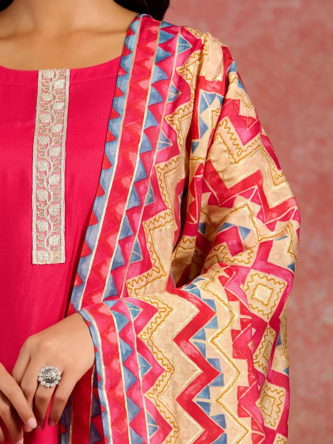 Pink Yoke Design Silk Blend Straight Kurta With Trousers & Dupatta - Libas 