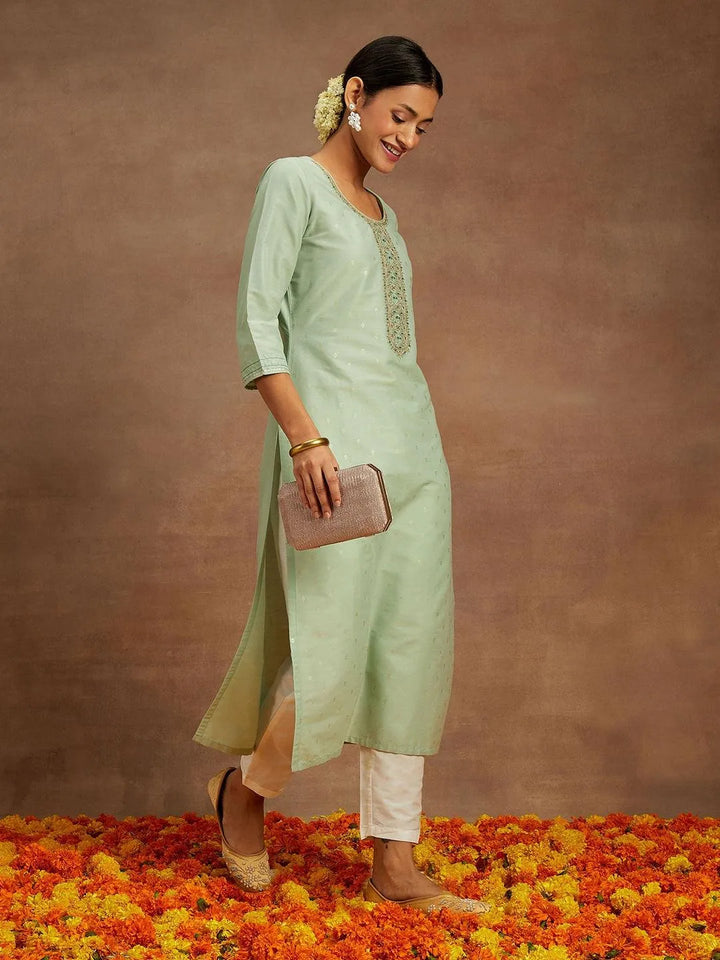Pista Green Embroidered Chanderi Silk Straight Kurta - Libas