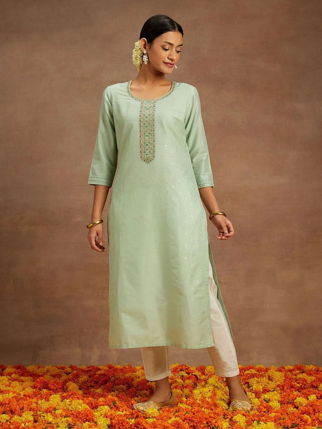 Pista Green Embroidered Chanderi Silk Straight Kurta - Libas 