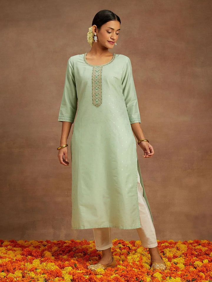 Pista Green Embroidered Chanderi Silk Straight Kurta - Libas