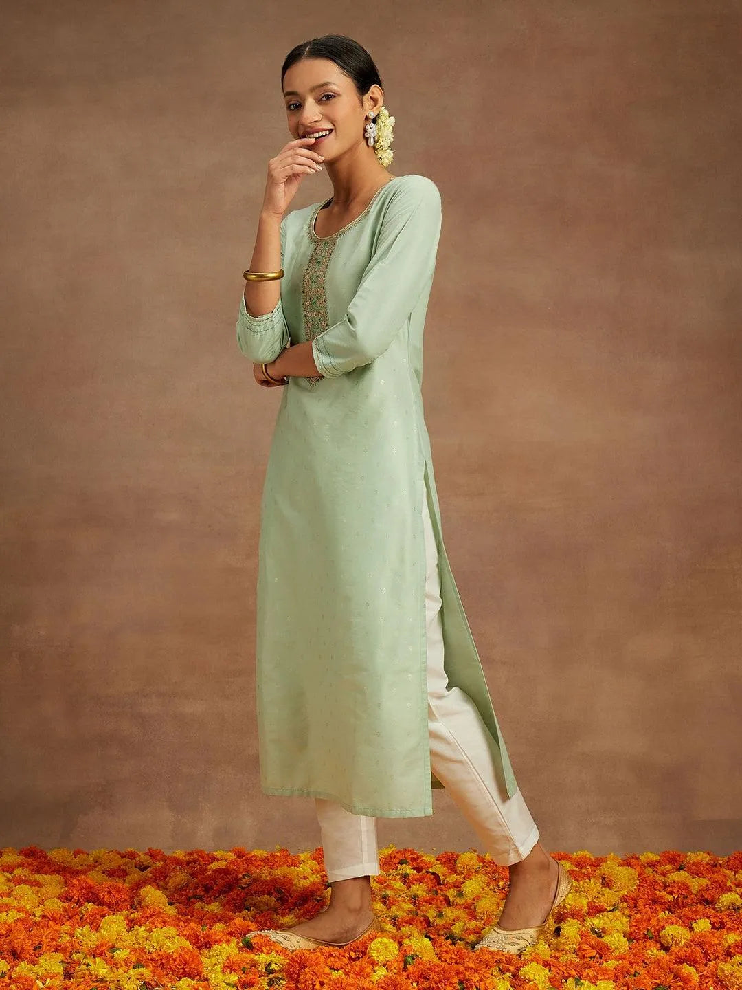 Pista Green Embroidered Chanderi Silk Straight Kurta - Libas 
