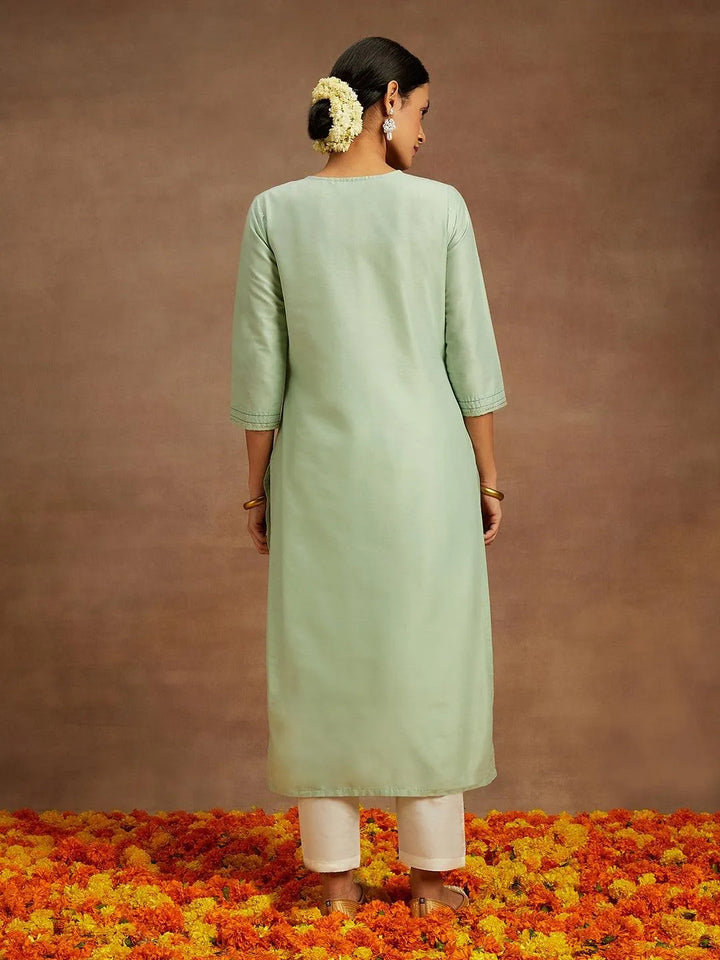 Pista Green Embroidered Chanderi Silk Straight Kurta - Libas