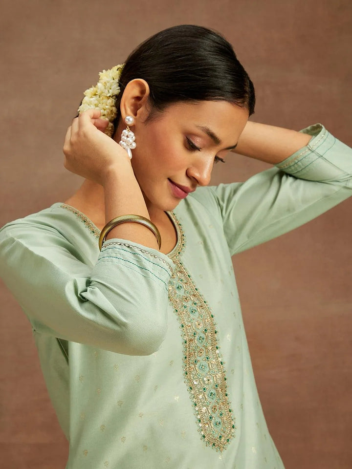 Pista Green Embroidered Chanderi Silk Straight Kurta - Libas