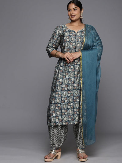 Plus Size Blue Printed Silk Blend Straight Kurta With Salwar & Dupatta - Libas