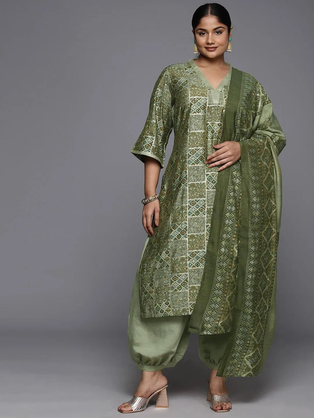 Plus Size Green Printed Silk Blend Straight Kurta With Salwar & Dupatta - Libas 