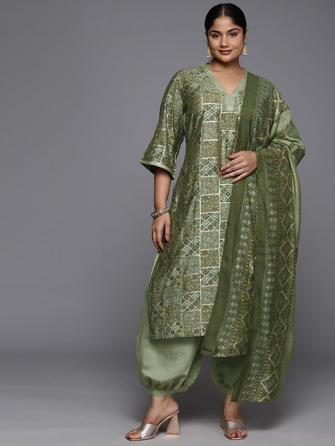 Plus Size Green Printed Silk Blend Straight Kurta With Salwar & Dupatta - Libas