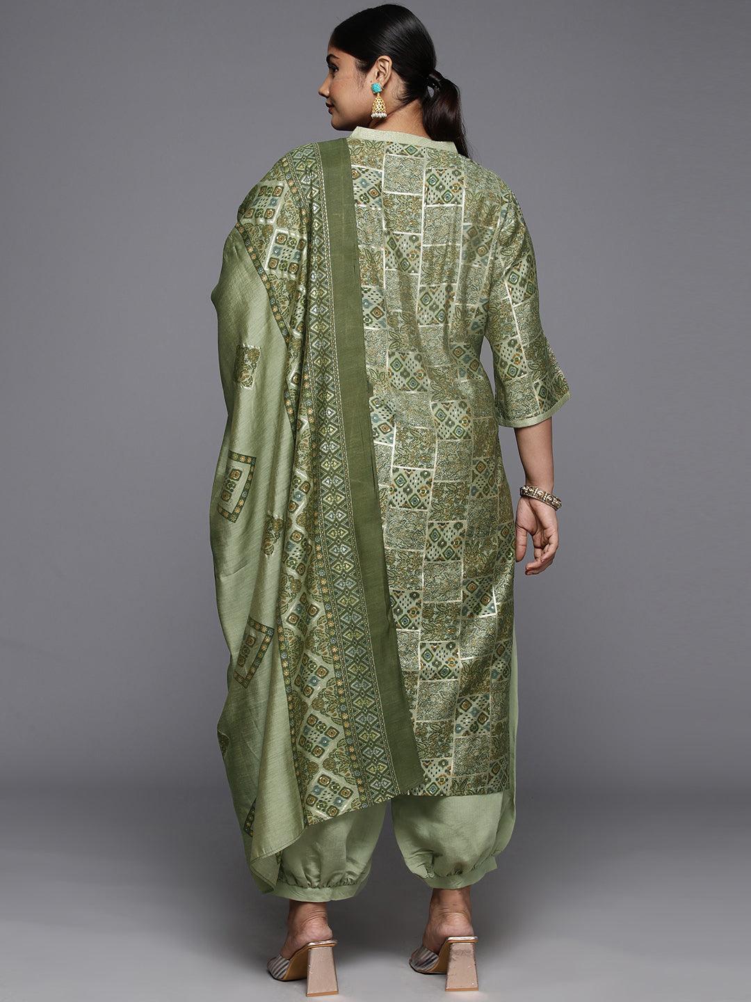 Plus Size Green Printed Silk Blend Straight Kurta With Salwar & Dupatta - Libas