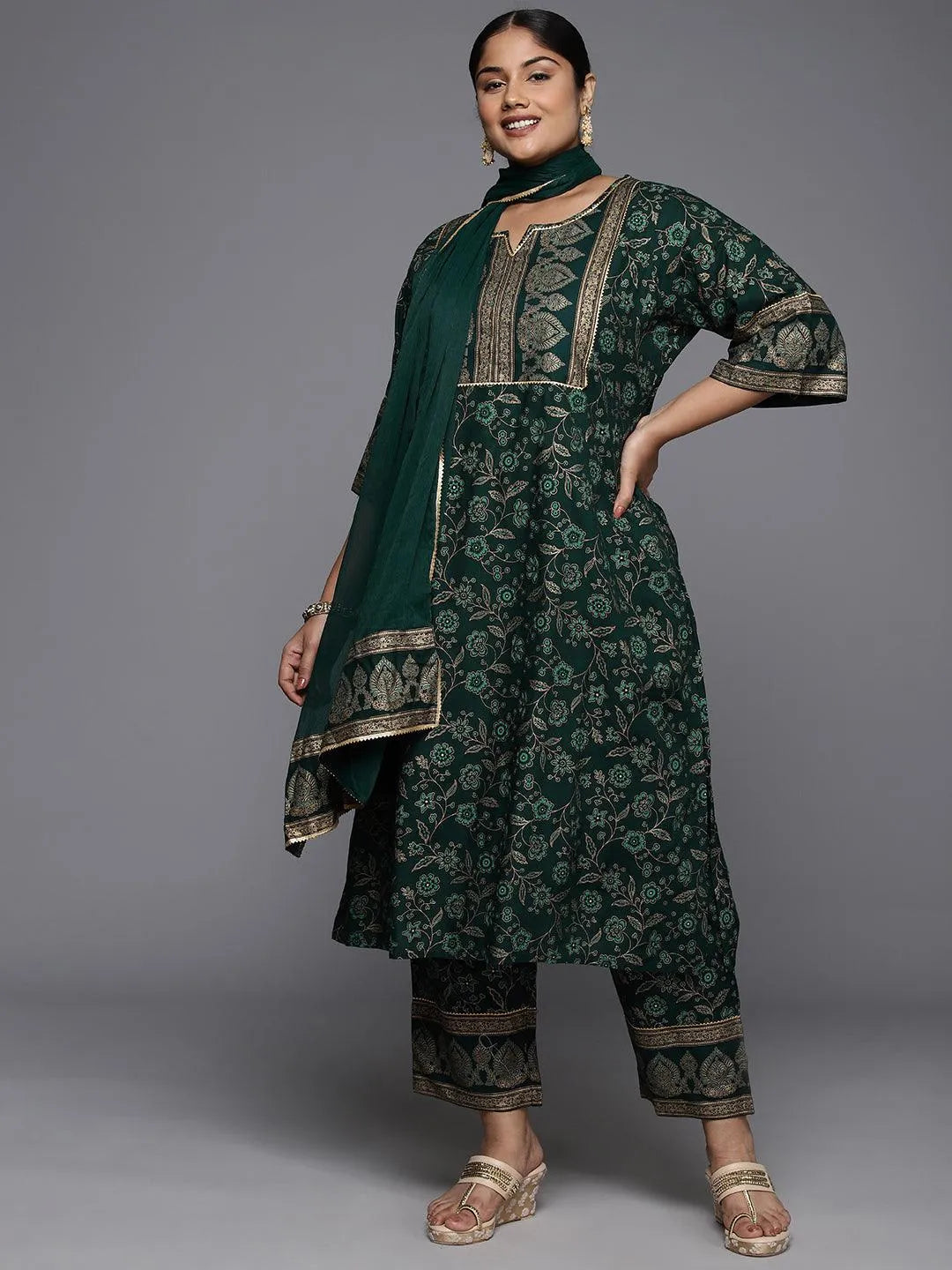 Plus Size Green Yoke Design Rayon A-Line Kurta With Trousers & Dupatta - Libas