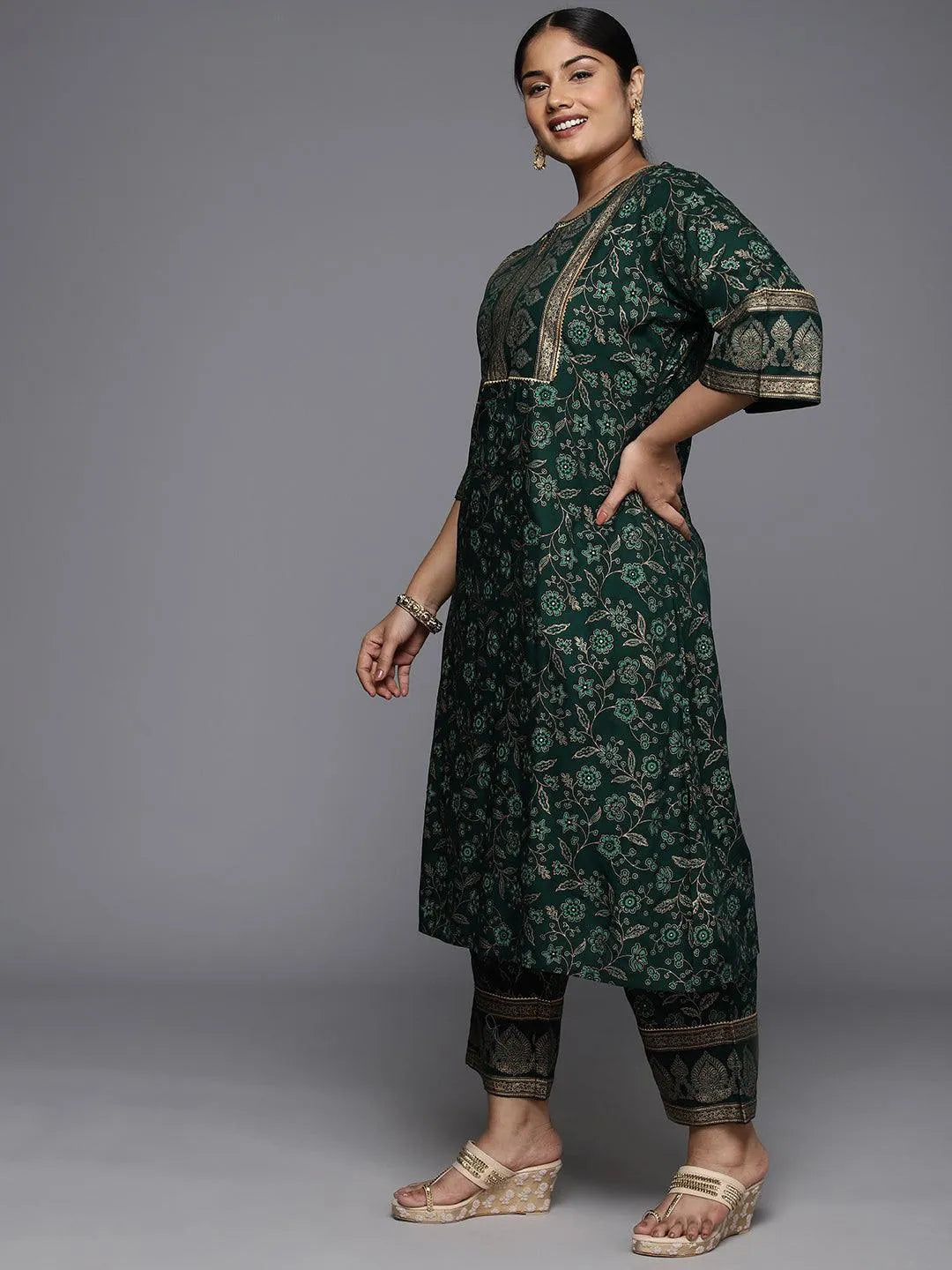 Plus Size Green Yoke Design Rayon A-Line Kurta With Trousers & Dupatta - Libas