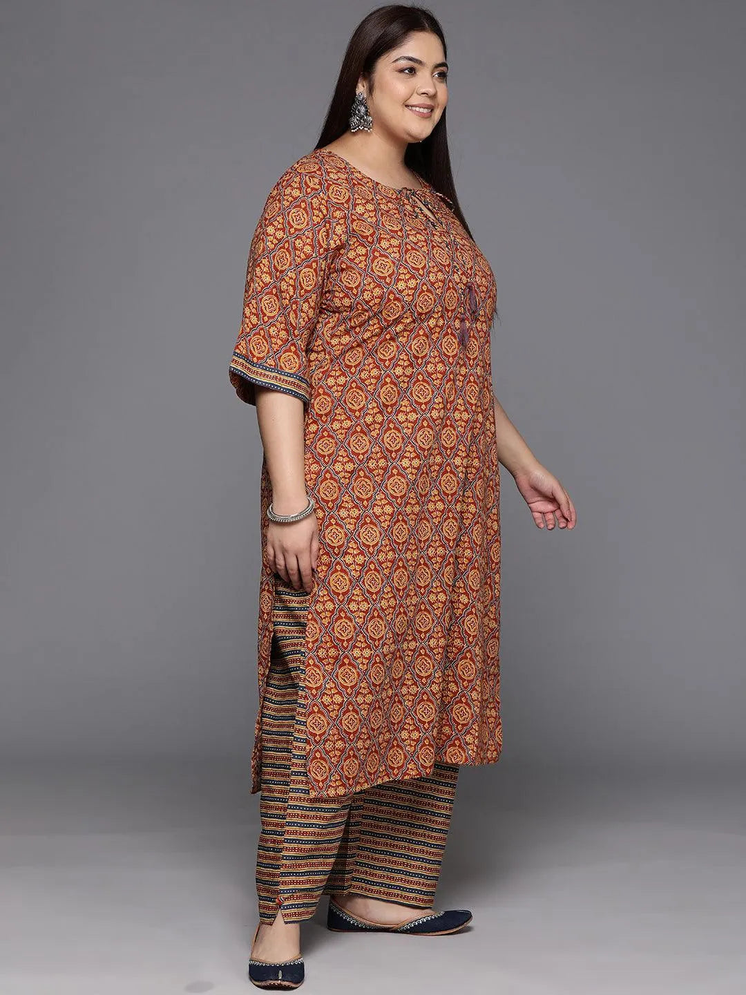Plus Size Maroon Printed Cotton Straight Kurta With Trousers & Dupatta - Libas 