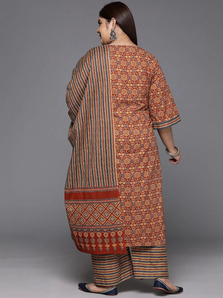 Plus Size Maroon Printed Cotton Straight Kurta With Trousers & Dupatta - Libas