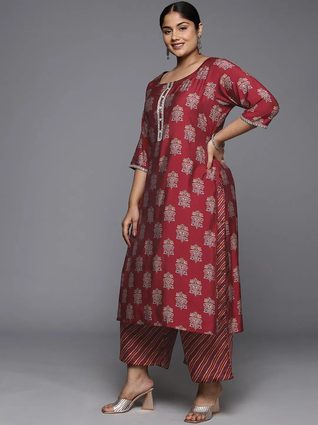 Plus Size Red Printed Silk Blend Straight Kurta With Palazzos & Dupatta - Libas