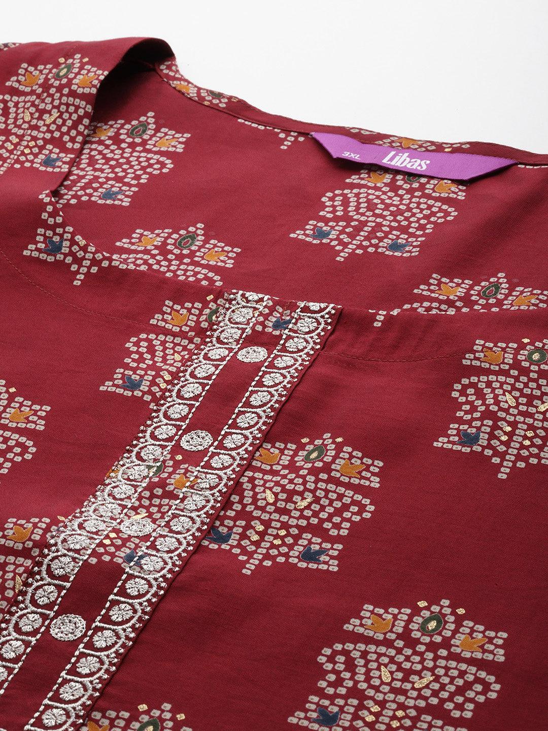 Plus Size Red Printed Silk Blend Straight Suit With Dupatta