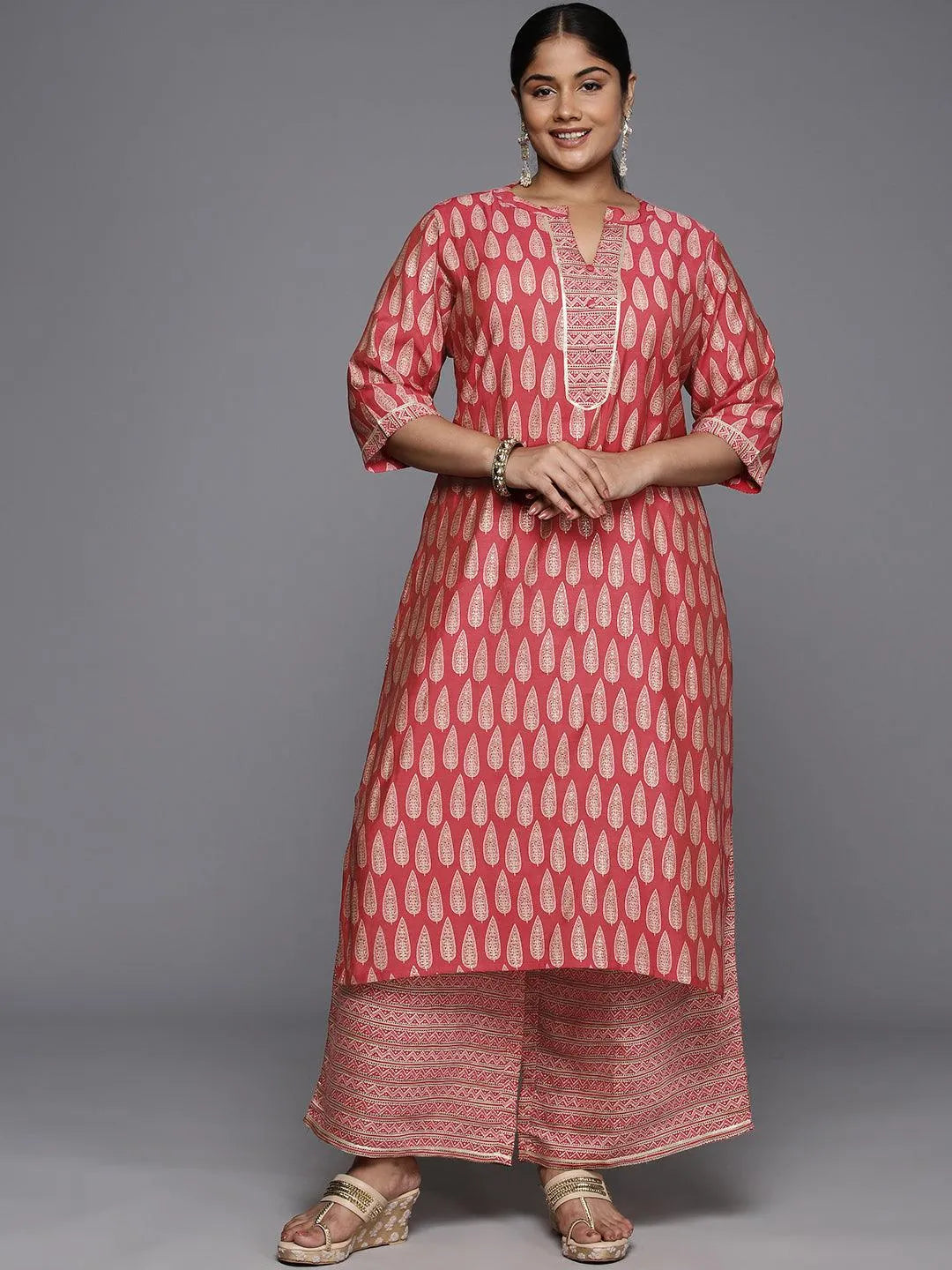 Women'S Red A-Line Cotton Long Kurta Plus Size main image 1