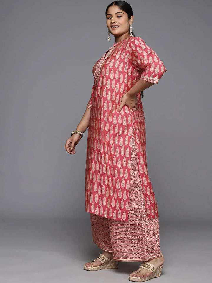 Plus Size Red Printed Silk Blend Straight Kurta With Palazzos - Libas