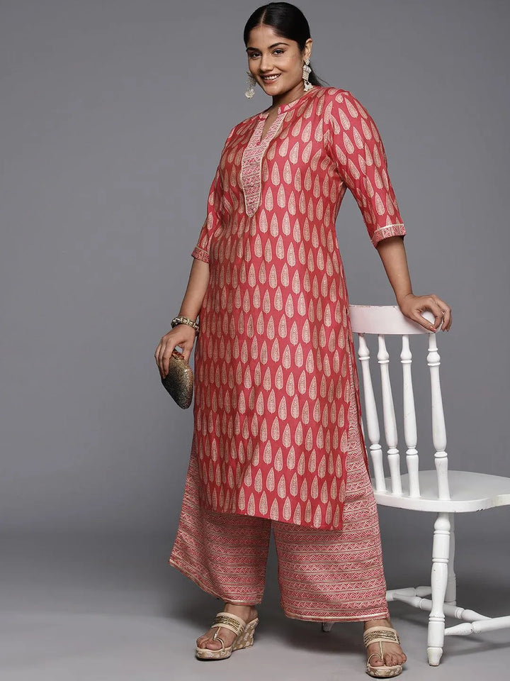 Plus Size Red Printed Silk Blend Straight Kurta With Palazzos - Libas