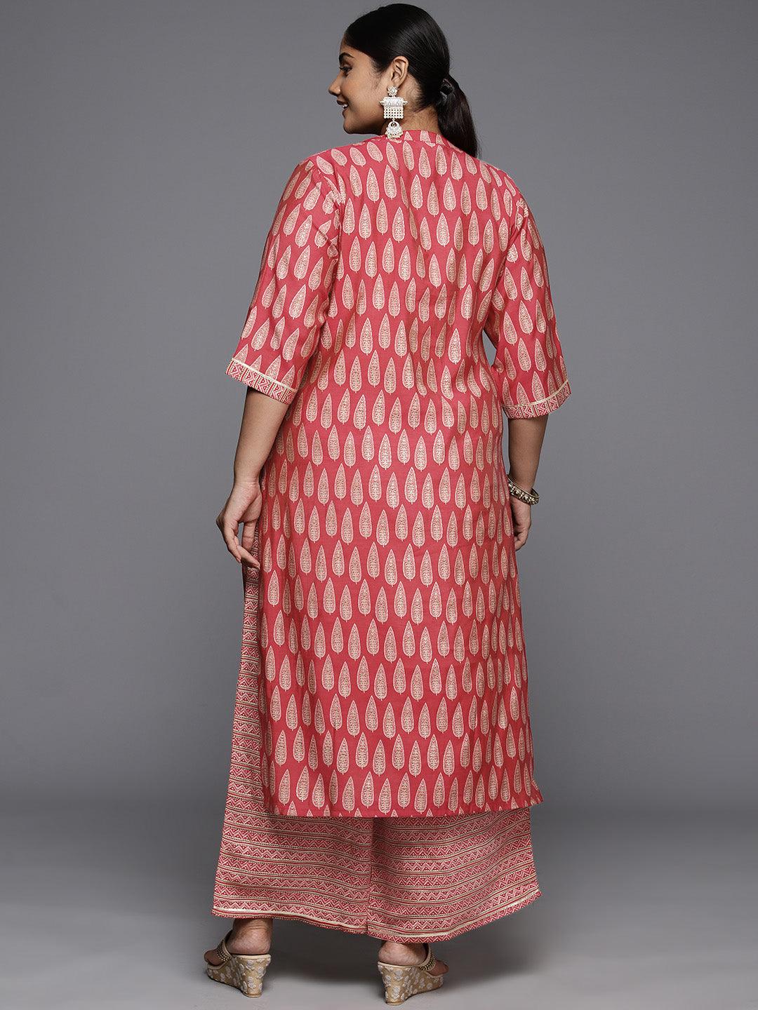 Plus Size Red Printed Silk Blend Straight Kurta Set