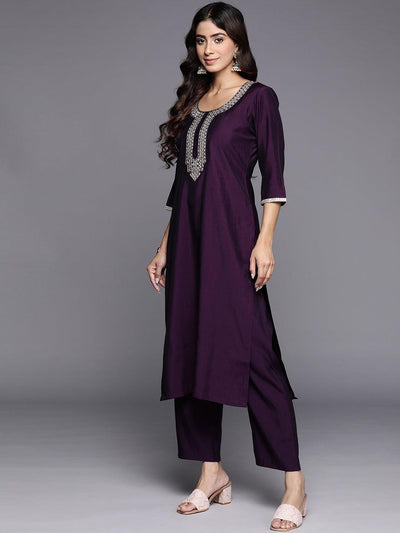 Purple Embroidered Silk Blend Straight Kurta With Trousers & Dupatta - Libas