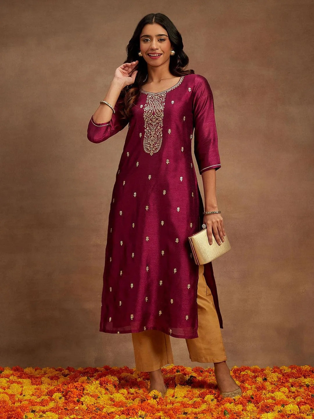 Purple Embroidered Silk Straight Kurta - Libas