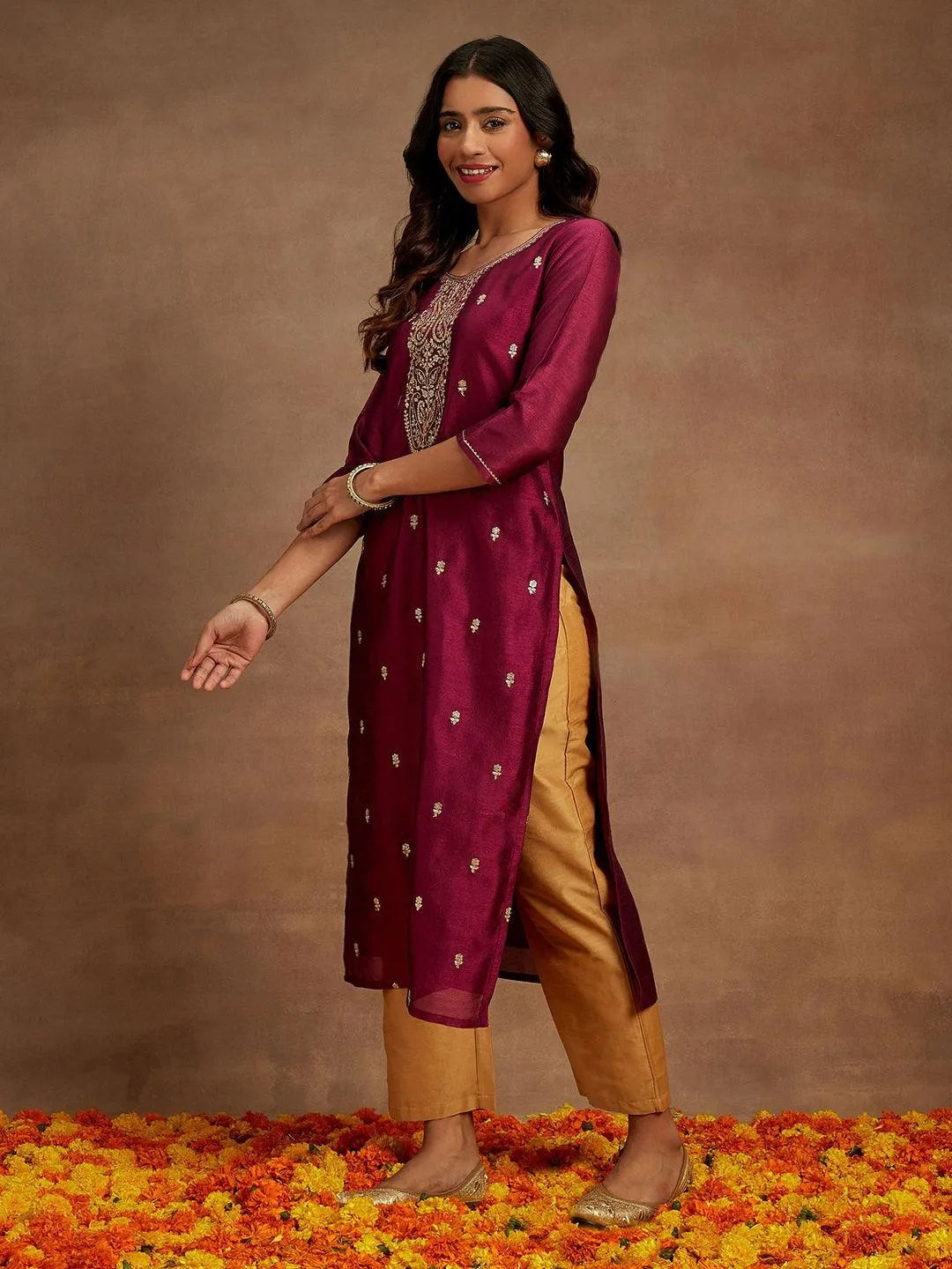 Purple Embroidered Silk Straight Kurta - Libas