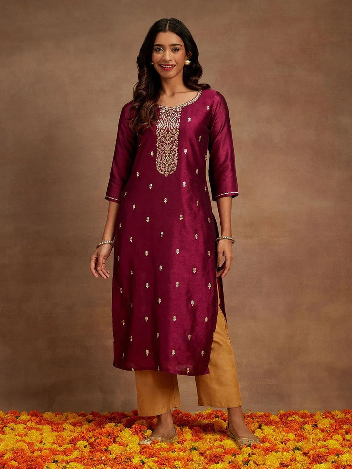 Purple Embroidered Silk Straight Kurta - Libas