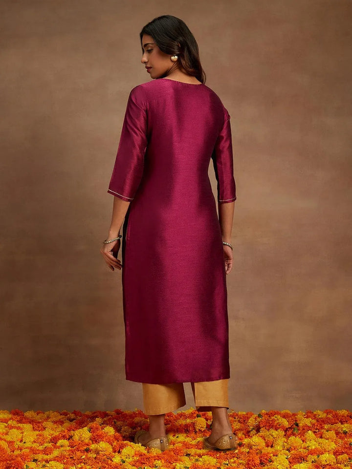 Purple Embroidered Silk Straight Kurta - Libas