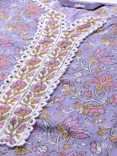 Purple Printed Cotton Straight Kurta With Palazzos & Dupatta - Libas