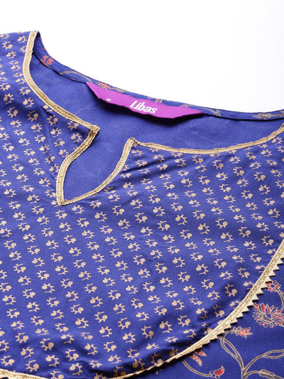 Purple Printed Rayon Anarkali Kurta With Trousers & Dupatta - Libas