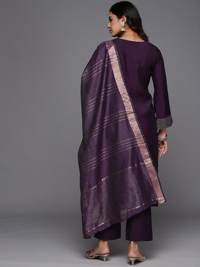 Purple Solid Silk Blend Straight Kurta With Trousers & Dupatta - Libas