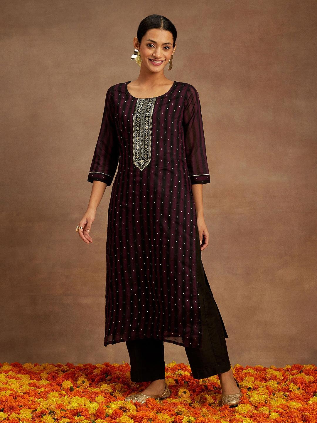 Purple Woven Design Chanderi Silk Straight Kurta - Libas