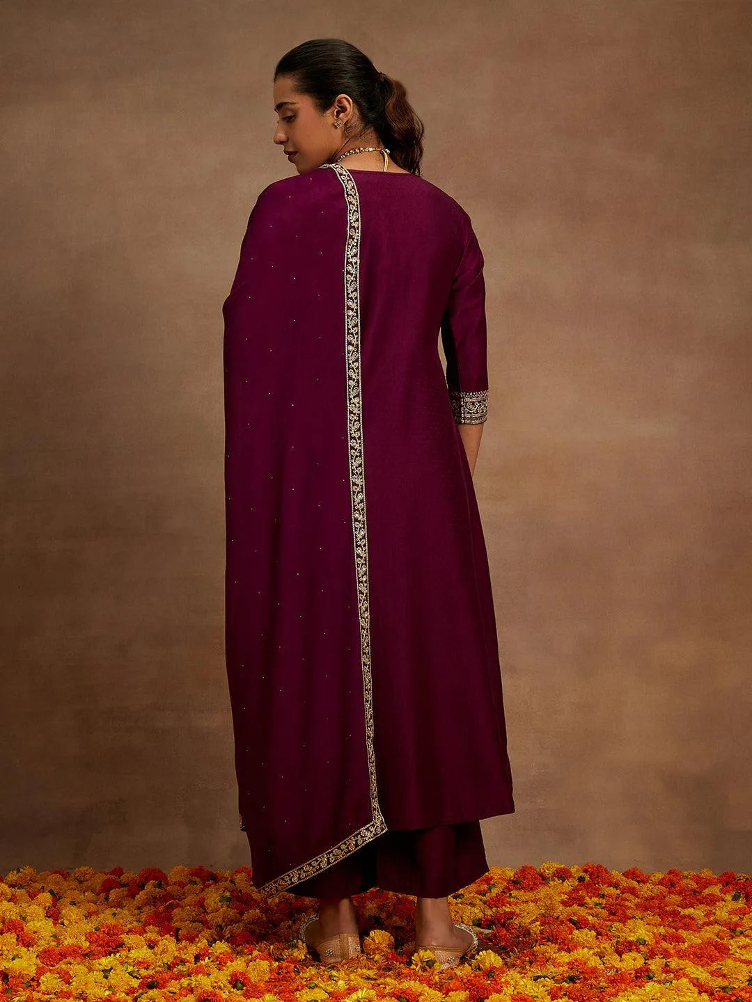 Women'S Navy Blue & Off-White Yoke Design Kurta With Palazzos & Dupatta