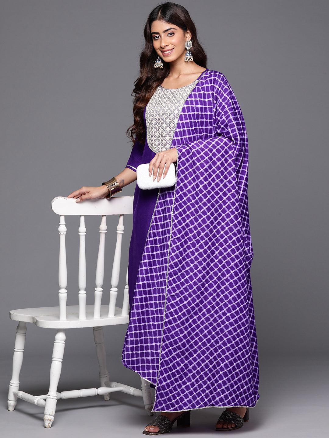 Purple Yoke Design Silk Blend Straight Suit With Dupatta