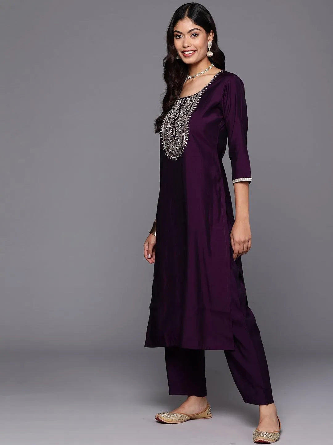 Purple Yoke Design Silk Blend Straight Kurta With Trousers & Dupatta - Libas 