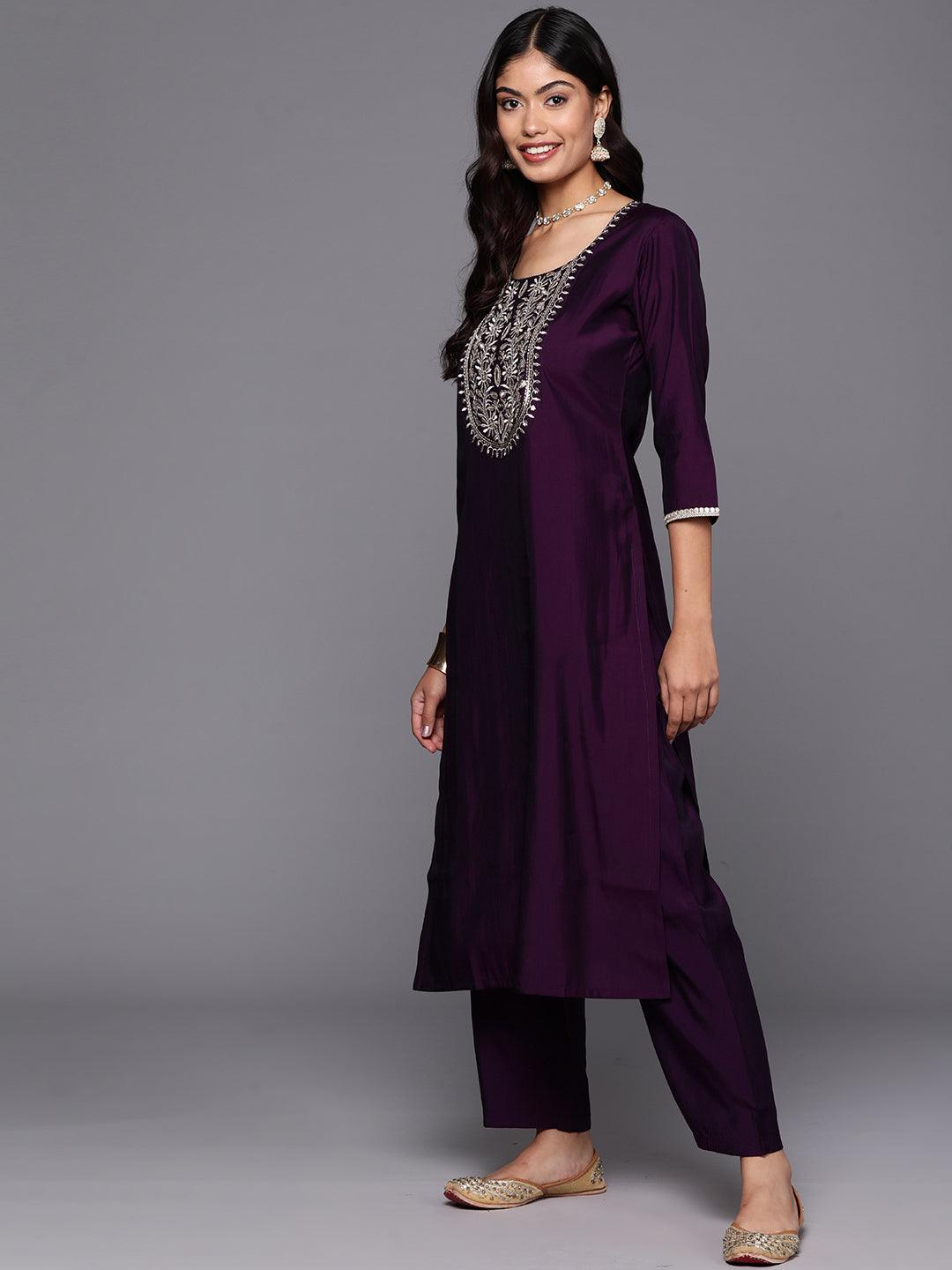 Purple Yoke Design Silk Blend Straight Kurta With Trousers & Dupatta - Libas