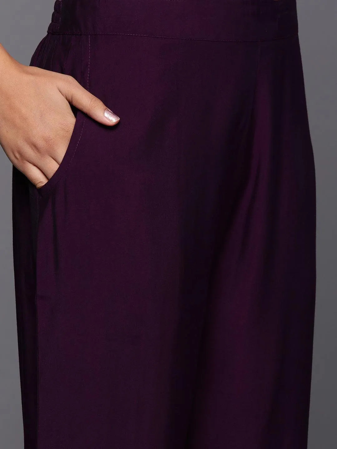 Purple Yoke Design Silk Blend Straight Kurta With Trousers & Dupatta - Libas 