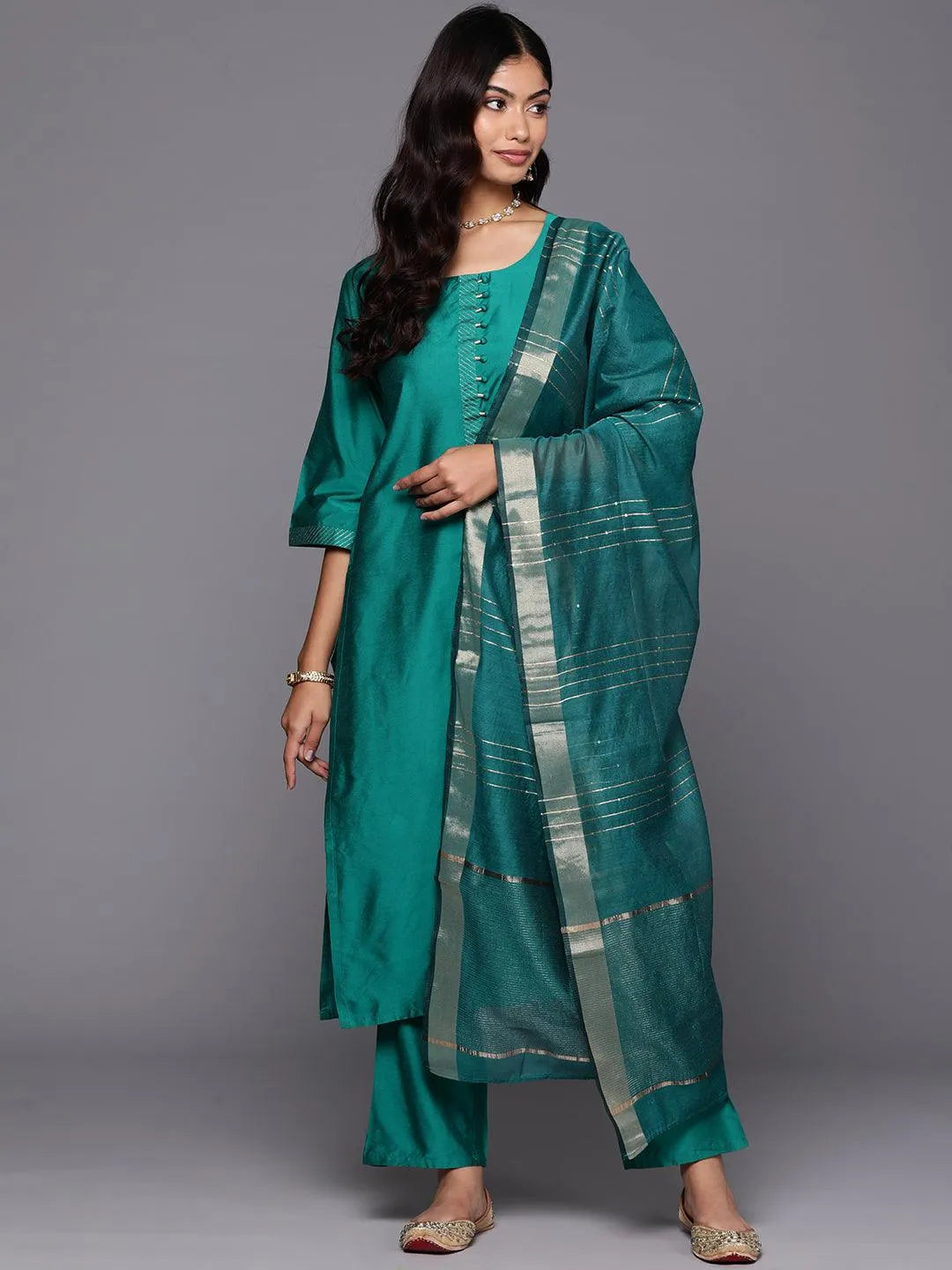 Rama Green Solid Silk Blend Straight Kurta With Trousers & Dupatta - Libas