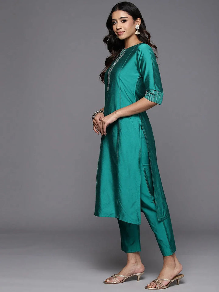 Rama Green Solid Silk Blend Straight Kurta With Trousers & Dupatta - Libas