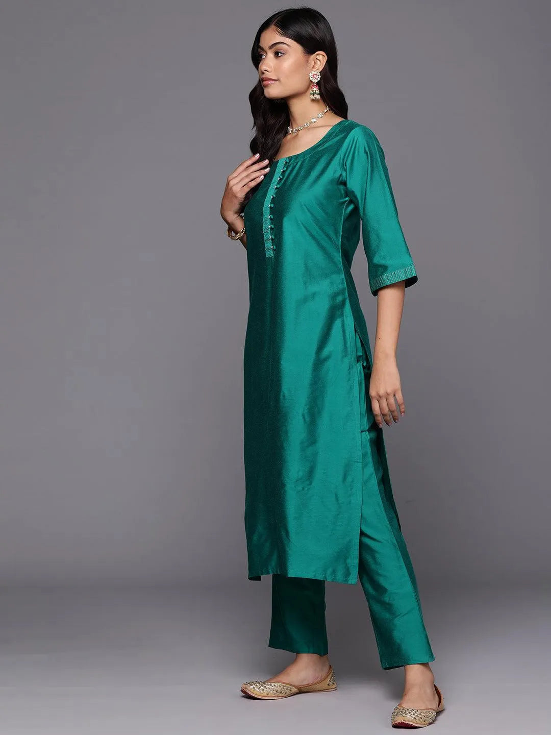 Rama Green Solid Silk Blend Straight Kurta With Trousers & Dupatta - Libas