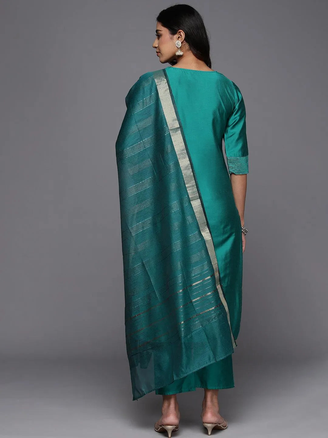 Rama Green Solid Silk Blend Straight Kurta With Trousers & Dupatta - Libas