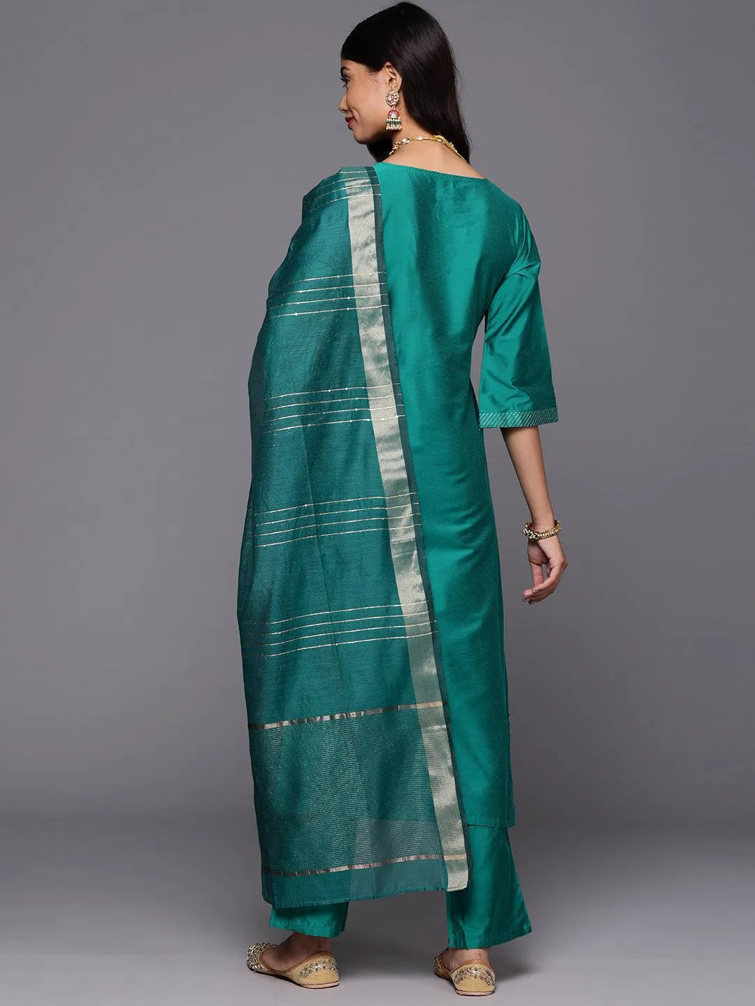 Rama Green Solid Silk Blend Straight Kurta With Trousers & Dupatta - Libas 