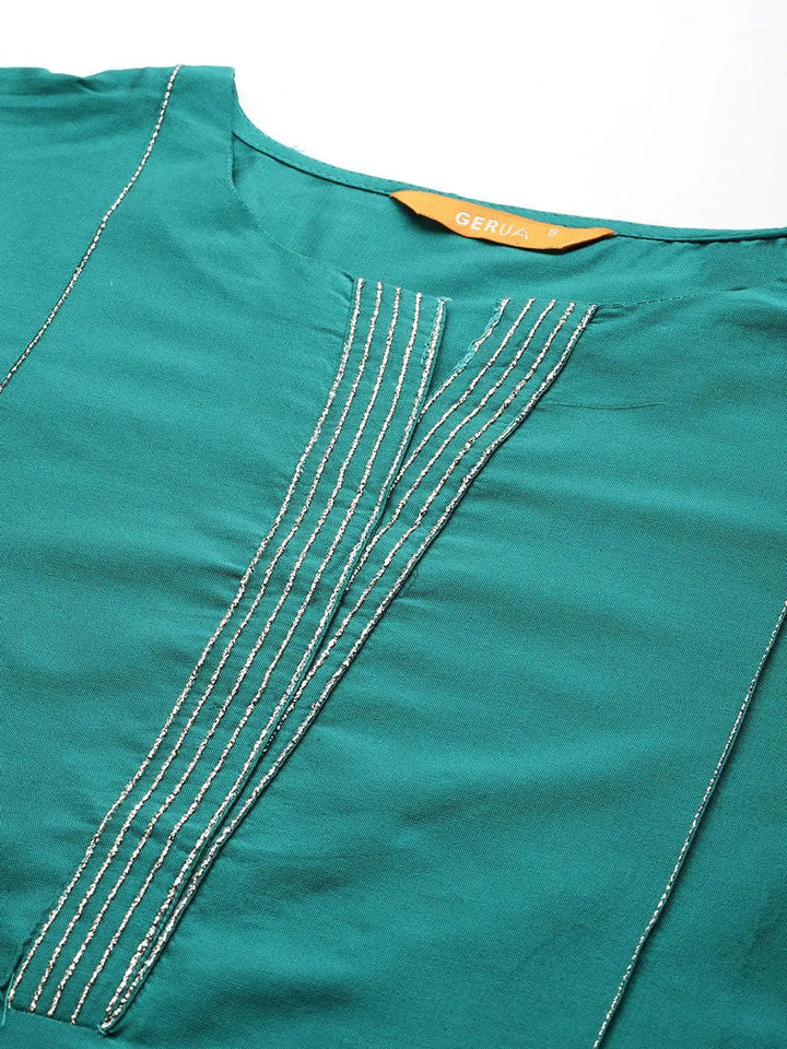 Rama Green Solid Silk Blend Straight Kurta With Trousers & Dupatta - Libas