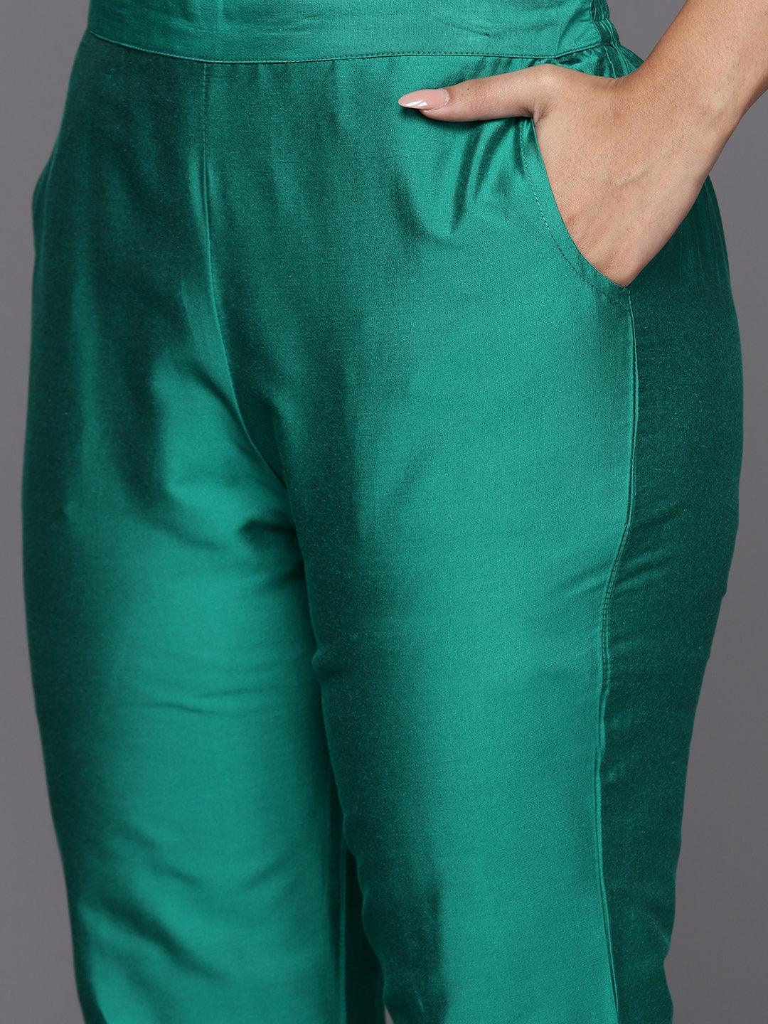 Rama Green Solid Silk Blend Straight Kurta With Trousers & Dupatta - Libas
