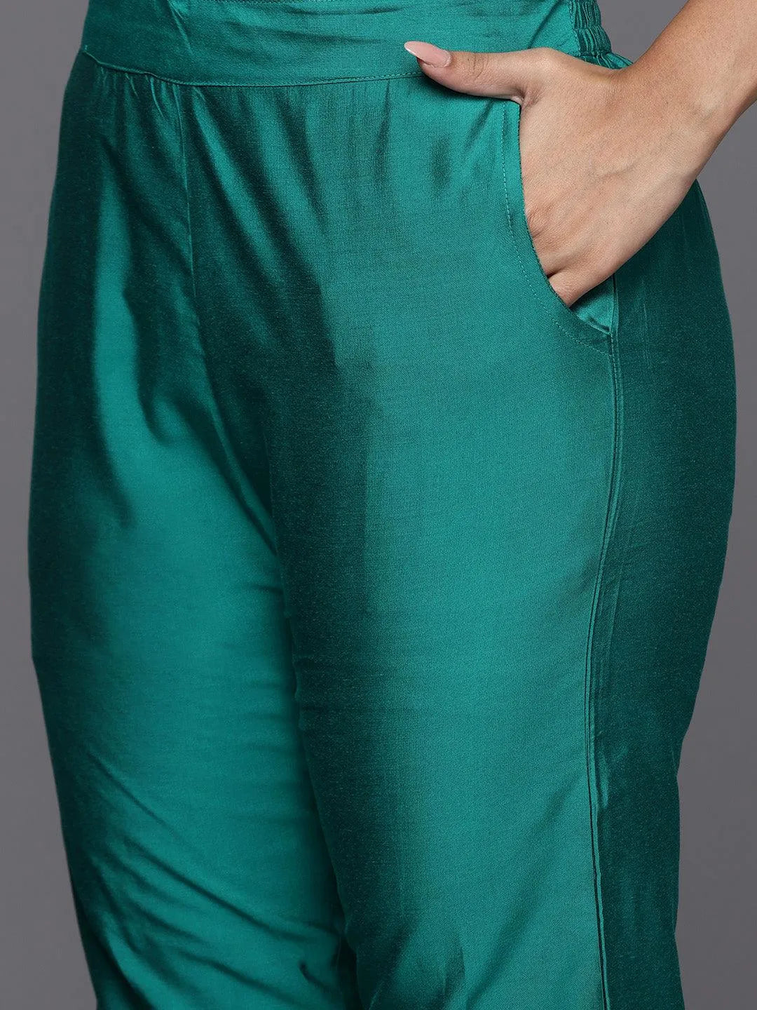 Rama Green Solid Silk Blend Straight Kurta With Trousers & Dupatta - Libas 